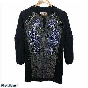 Anhha Intermix Beaded Embroidered‎ Jacket Sweater Floral Black Zip Up M Gray Med
